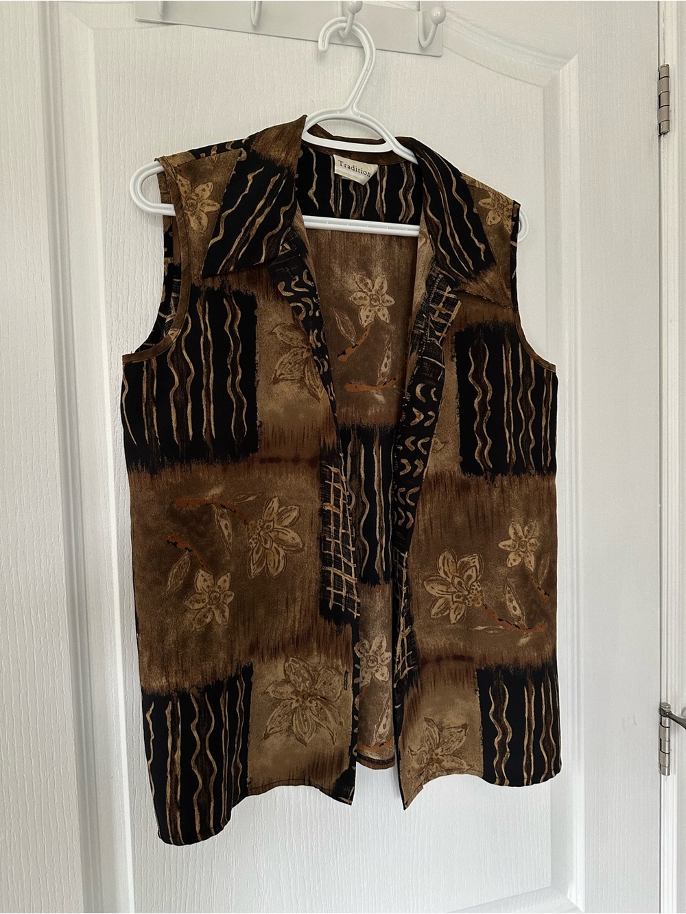 Vintage 90s Tradition Earth Tone Patchwork Vest Boho Floral Abstract Brown Apx M